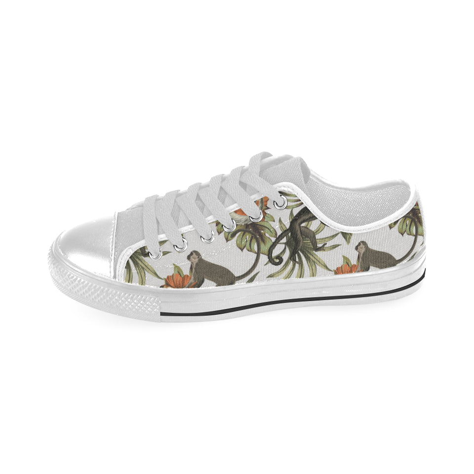 Monkey red hibiscus flower palm leaves floral patt Men's Low Top Canvas Shoes White