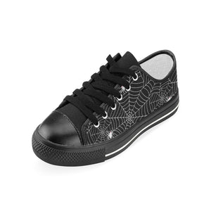 Spider web design pattern Black background white c Kids' Boys' Girls' Low Top Canvas Shoes Black