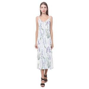 Hand painting Watercolor Lavender V-Neck Open Fork Long Dress