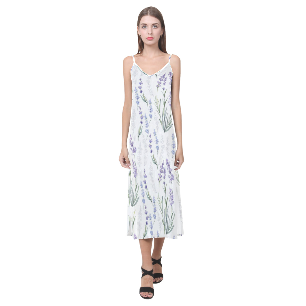 Hand painting Watercolor Lavender V-Neck Open Fork Long Dress