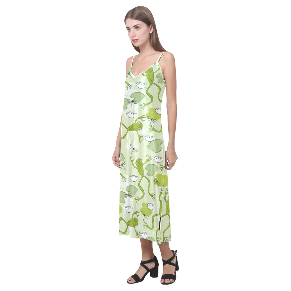 Cute frog dragonfly pattern V-Neck Open Fork Long Dress
