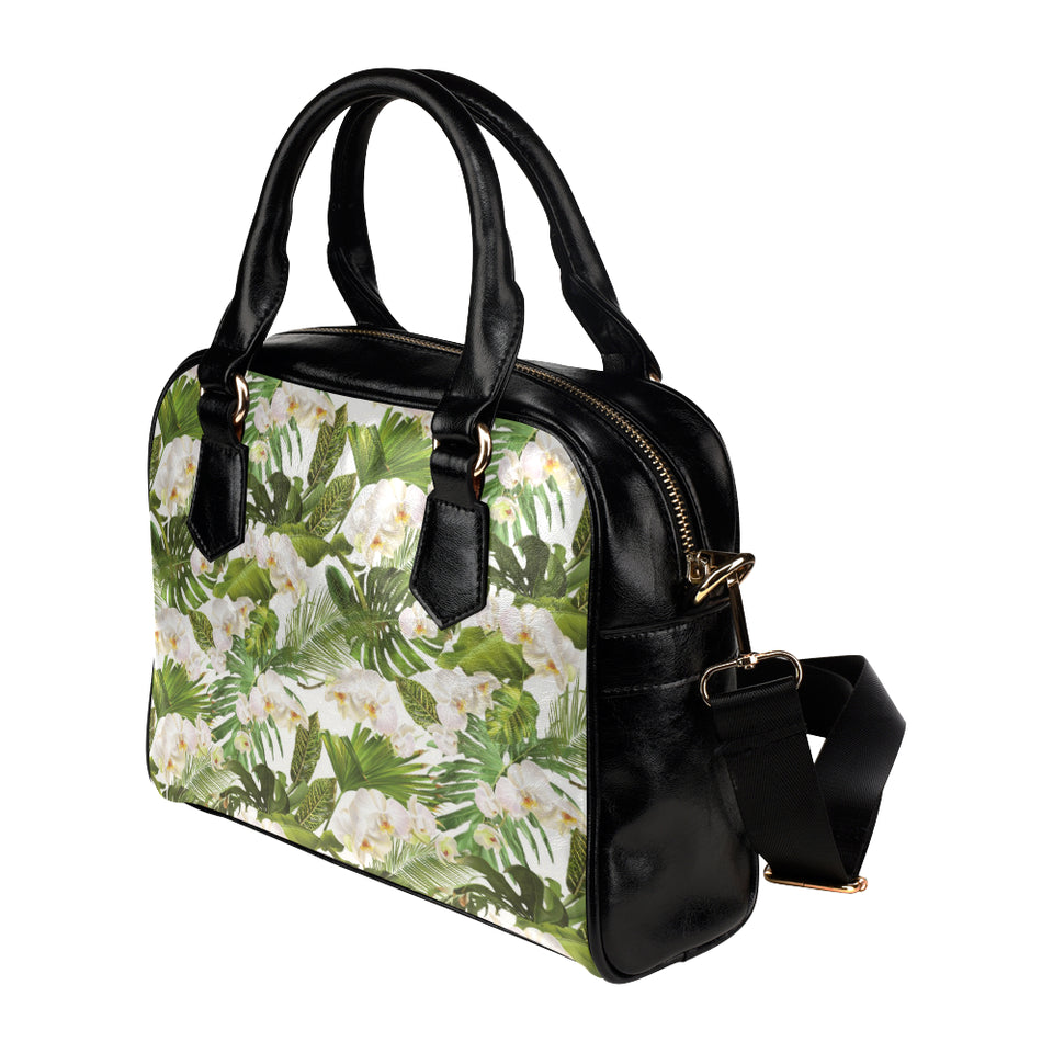 White orchid flower tropical leaves pattern Shoulder Handbag