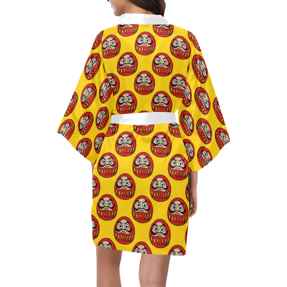 Daruma japanese wooden doll yellow background Women's Short Kimono Robe