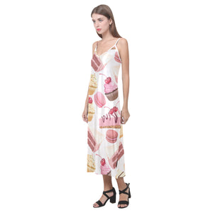 Cake cupcake sweets pattern V-Neck Open Fork Long Dress