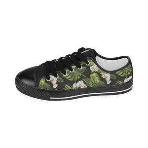 White orchid flower tropical leaves pattern blackg Kids' Boys' Girls' Low Top Canvas Shoes Black