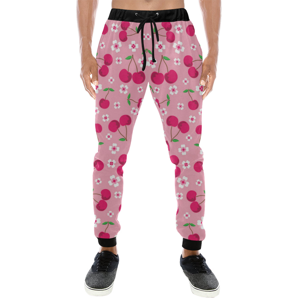 cherry flower pattern pink background Unisex Casual Sweatpants