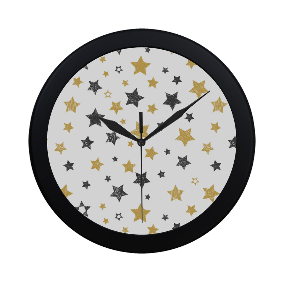 hand drawn gold black star pattern Elegant Black Wall Clock