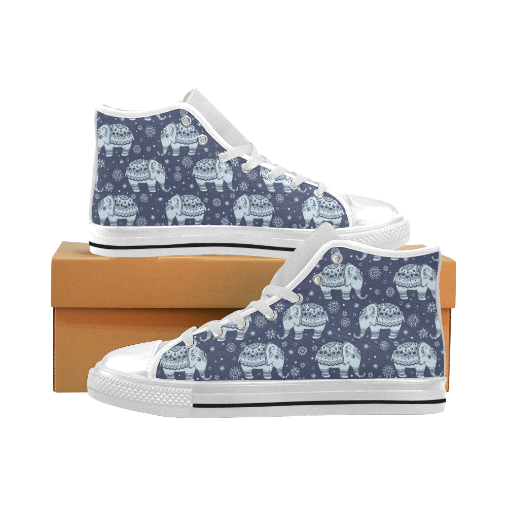 Elephant tribal design pattern Men's High Top Canvas Shoes White