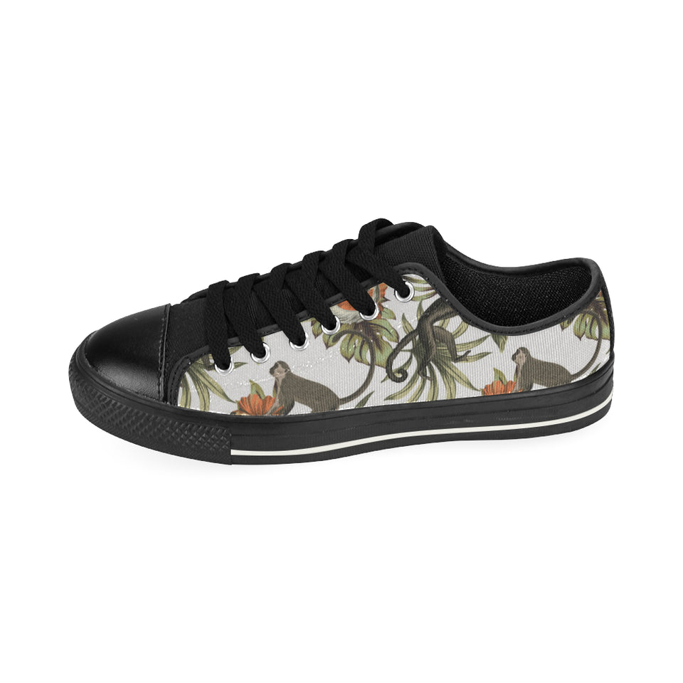 Monkey red hibiscus flower palm leaves floral patt Men's Low Top Canvas Shoes Black