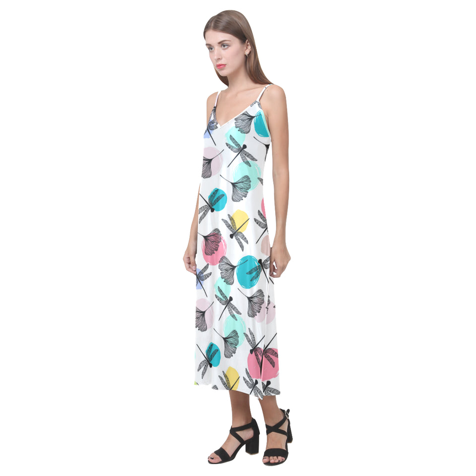 Dragonflies ginkgo leaves pattern V-Neck Open Fork Long Dress