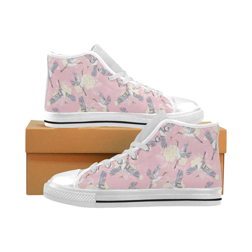 Japanese crane rose pattern Men's High Top Canvas Shoes White