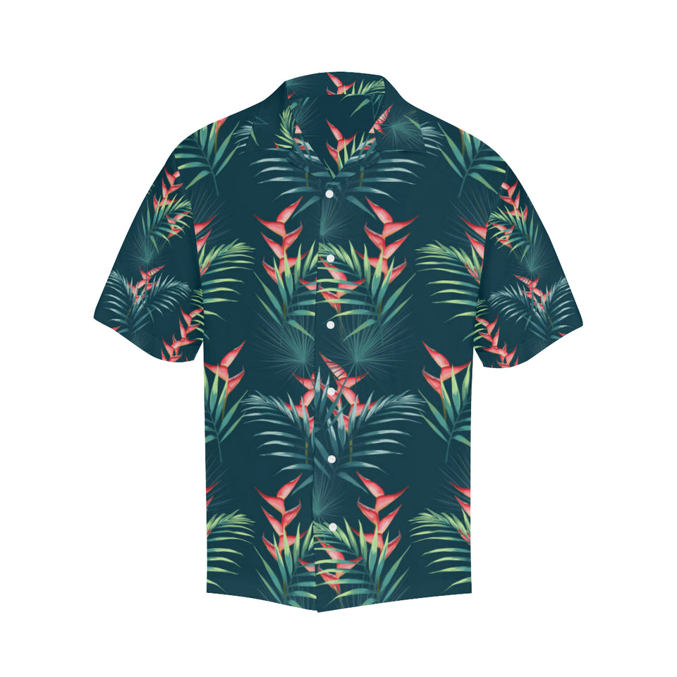 heliconia flowers, palm and monstera leaves on bla Men's All Over Print Hawaiian Shirt