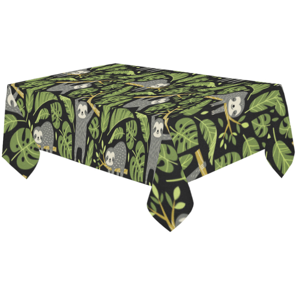 Cute sloths tropical palm leaves black background Tablecloth