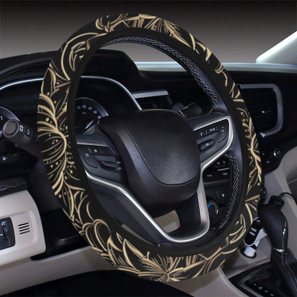 luxurious gold lotus waterlily black background Car Steering Wheel Cover