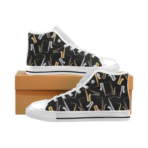 saxophone design pattern Men's High Top Canvas Shoes White
