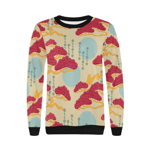 Red Bonsai gray sun japanese pattern Women's Crew Neck Sweatshirt