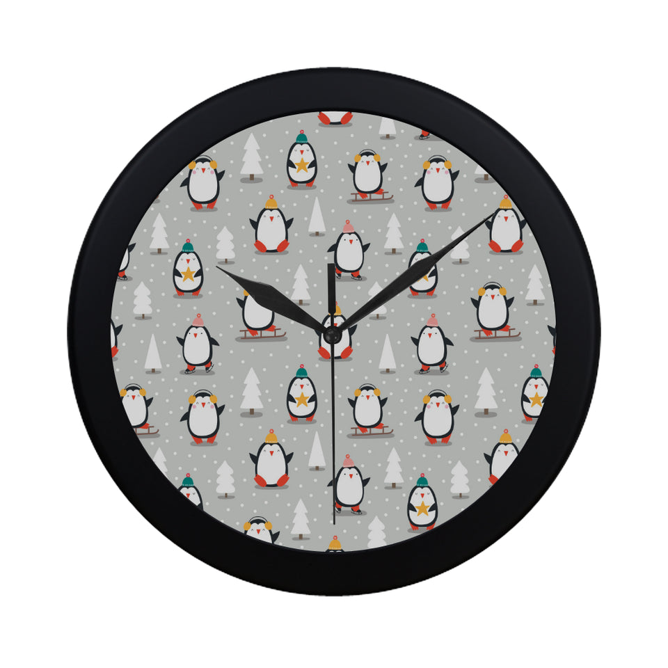 Cute Penguin christmas pattern Elegant Black Wall Clock