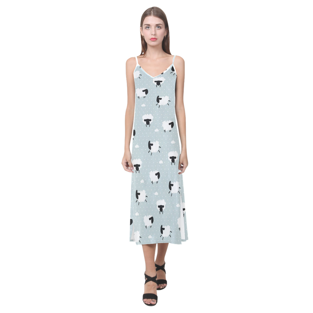 Sheep polka dot cloud pattern V-Neck Open Fork Long Dress