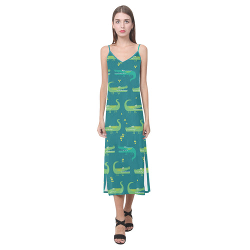 Crocodile pattern V-Neck Open Fork Long Dress