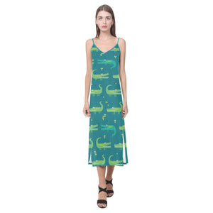 Crocodile pattern V-Neck Open Fork Long Dress