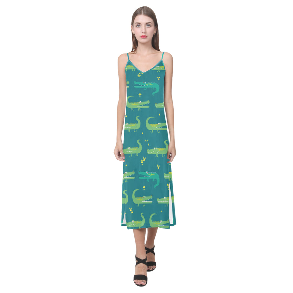 Crocodile pattern V-Neck Open Fork Long Dress