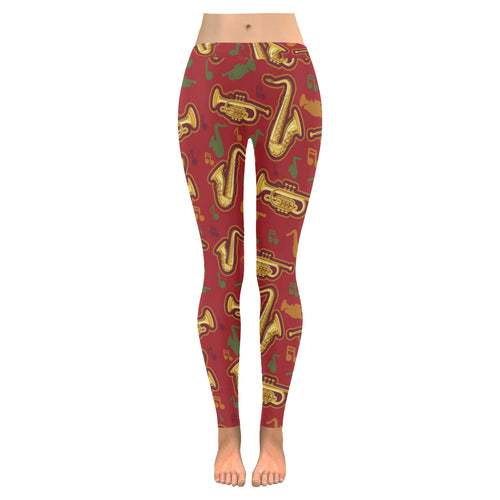Saxophone cornet pattern red background Women's Legging Fulfilled In US