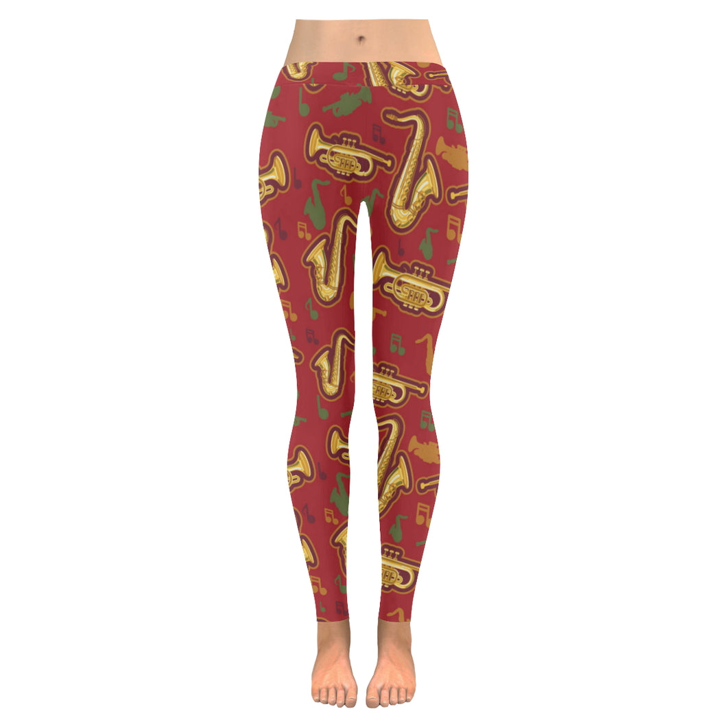 Saxophone cornet pattern red background Women's Legging Fulfilled In US