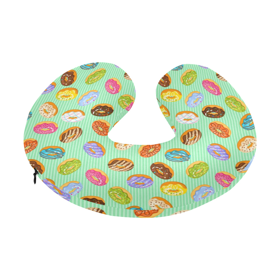 Colorful donut pattern green background U-Shaped Travel Neck Pillow