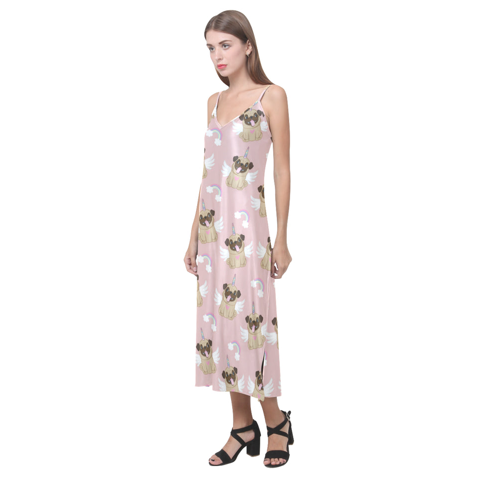 Cute unicorn pug pattern V-Neck Open Fork Long Dress