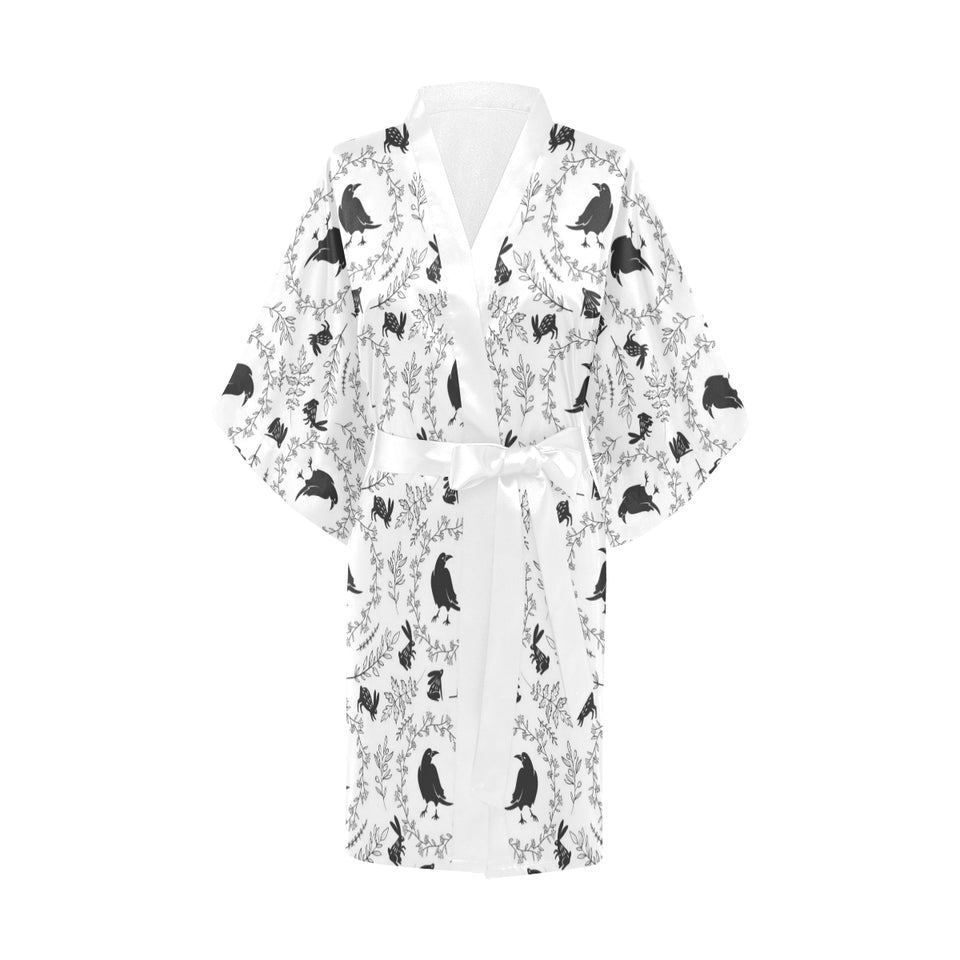 Crows floral wreath rabbit pattern Women's Short Kimono Robe