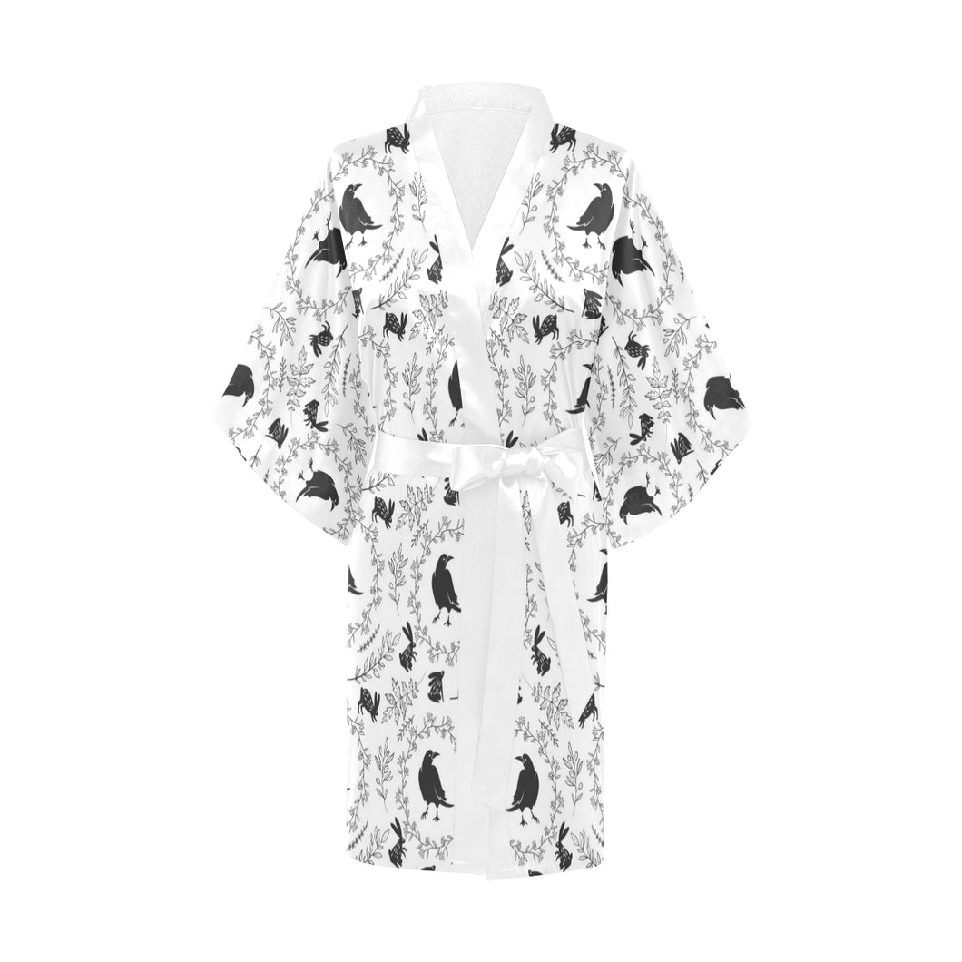 Crows floral wreath rabbit pattern Women's Short Kimono Robe