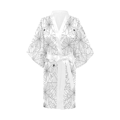 Spider web cobweb pattern white background Women's Short Kimono Robe