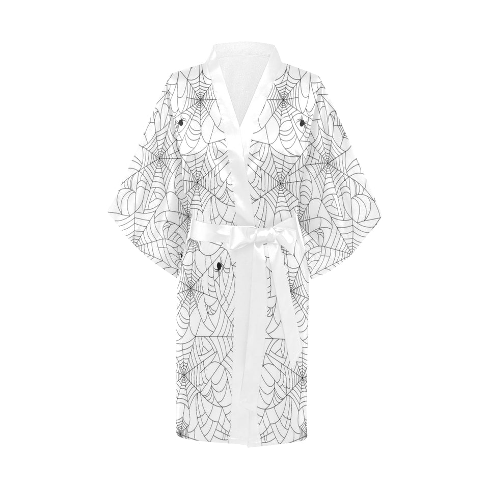 Spider web cobweb pattern white background Women's Short Kimono Robe