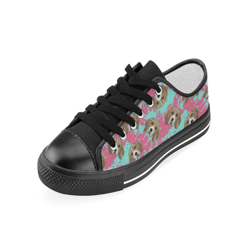 Beagle muzzles turquoise paint splashes pink patte Kids' Boys' Girls' Low Top Canvas Shoes Black