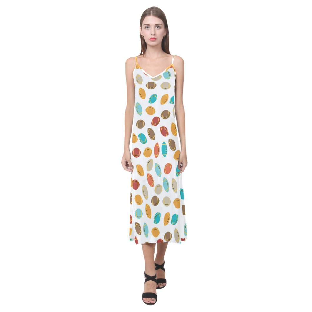 Colorful american football ball pattern V-Neck Open Fork Long Dress