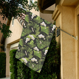 White orchid flower tropical leaves pattern blackg House Flag Garden Flag