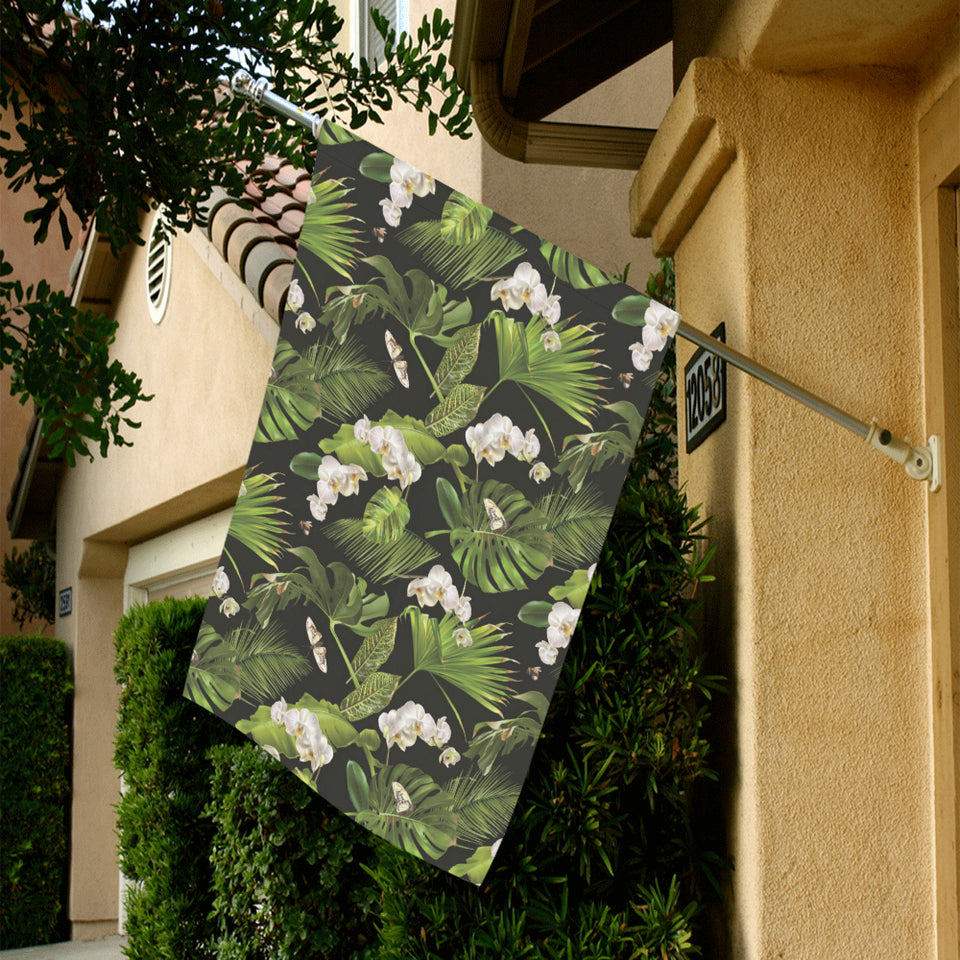 White orchid flower tropical leaves pattern blackg House Flag Garden Flag