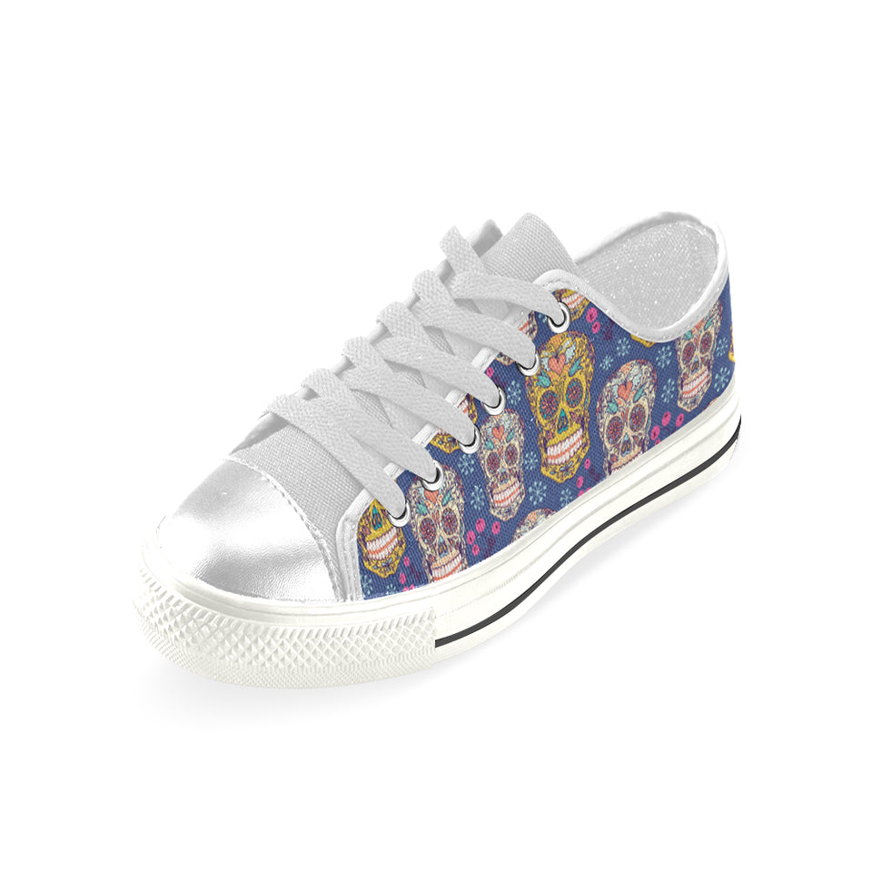 Sugar skull flower pattern Women's Low Top Canvas Shoes White