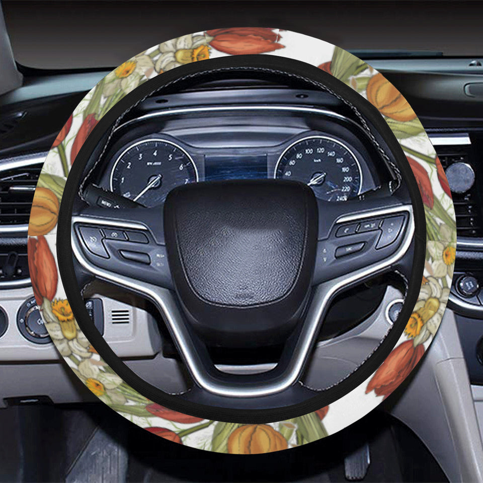 Red tulips and daffodils pattern Car Steering Wheel Cover