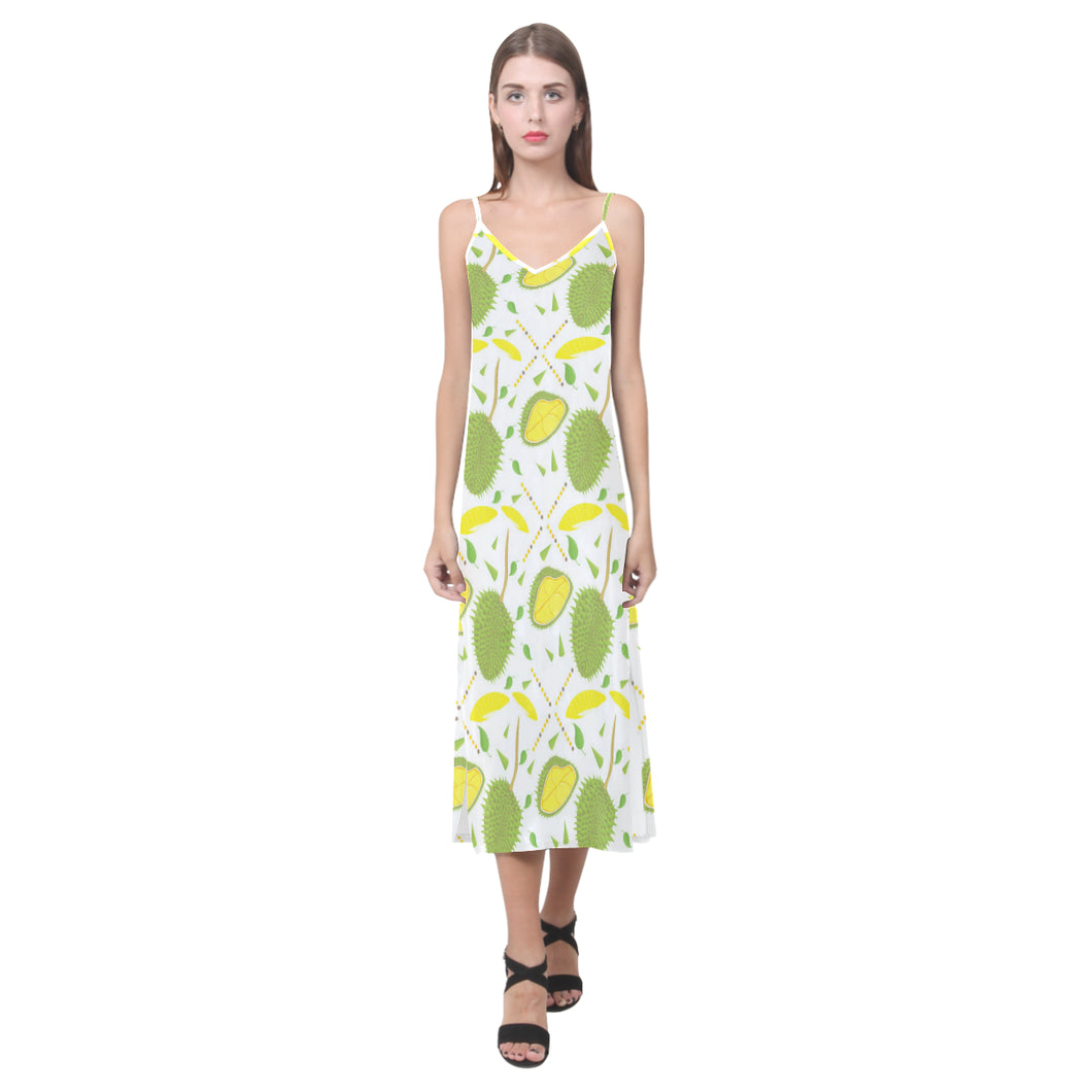 Durian pattern background V-Neck Open Fork Long Dress
