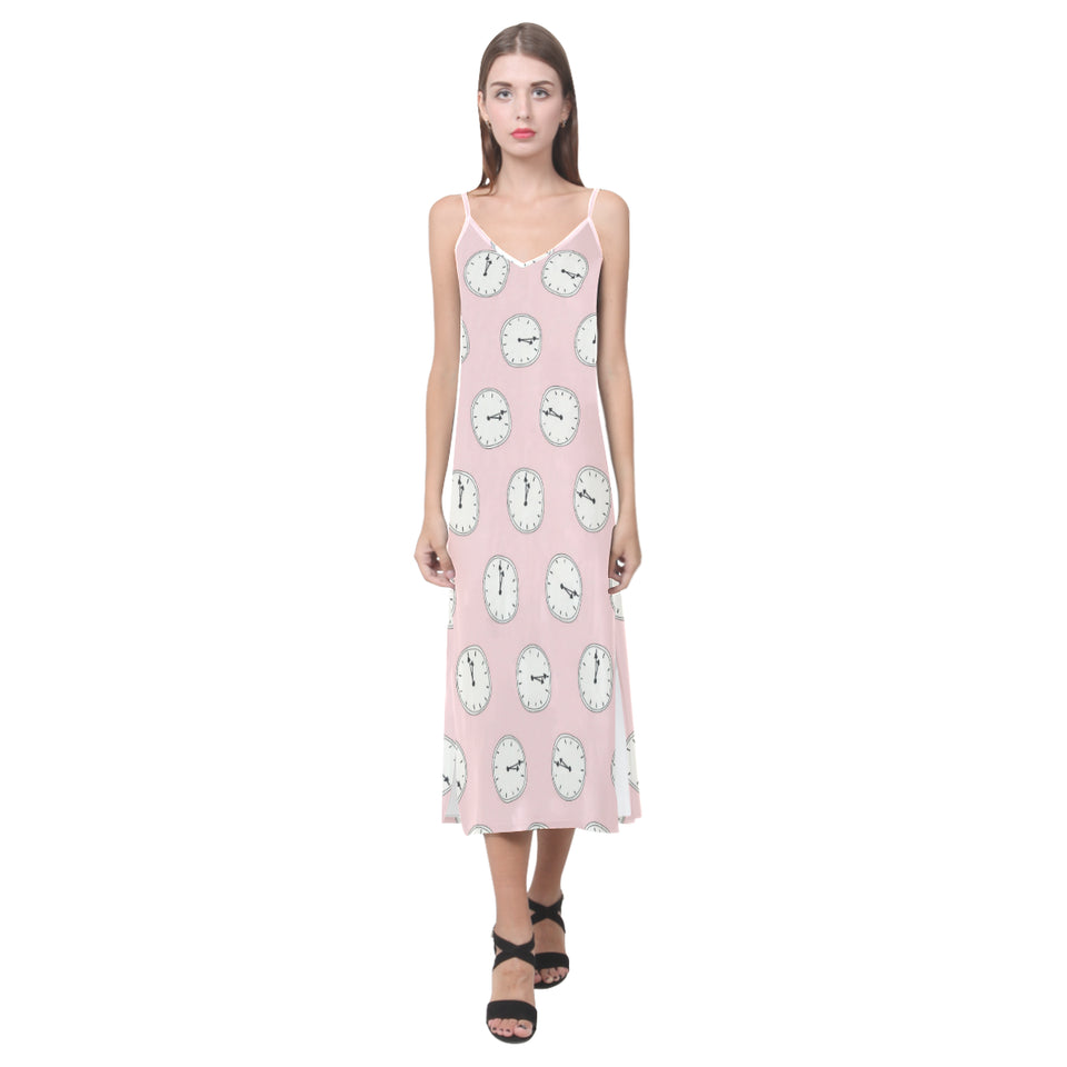 Clock pattern pink blackground V-Neck Open Fork Long Dress