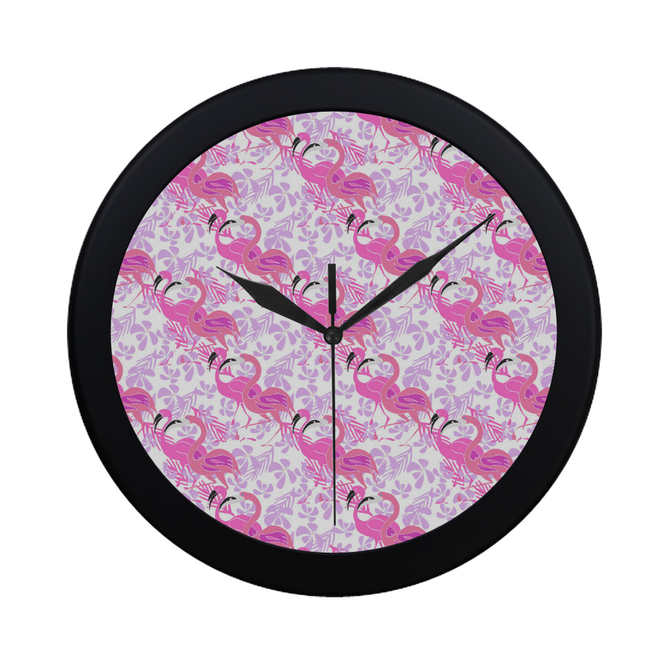 Pink flamingo flower pattern Elegant Black Wall Clock