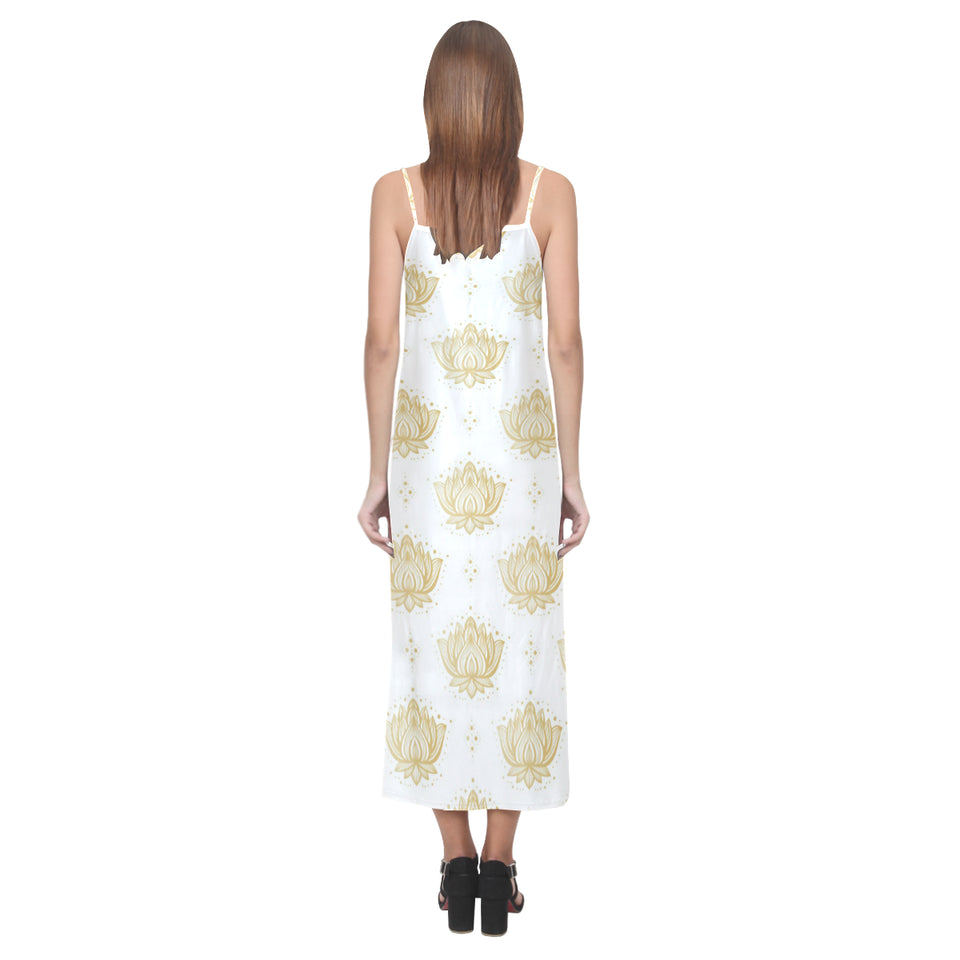 Gold Ornamental lotue waterlily symbol pattern V-Neck Open Fork Long Dress