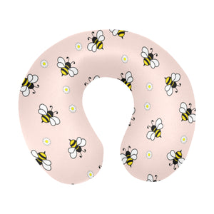 Cute bee flower pattern pink background U-Shaped Travel Neck Pillow