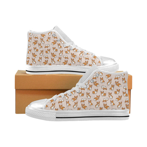 Cute Corgis Pattern pink background Women's High Top Canvas Shoes White