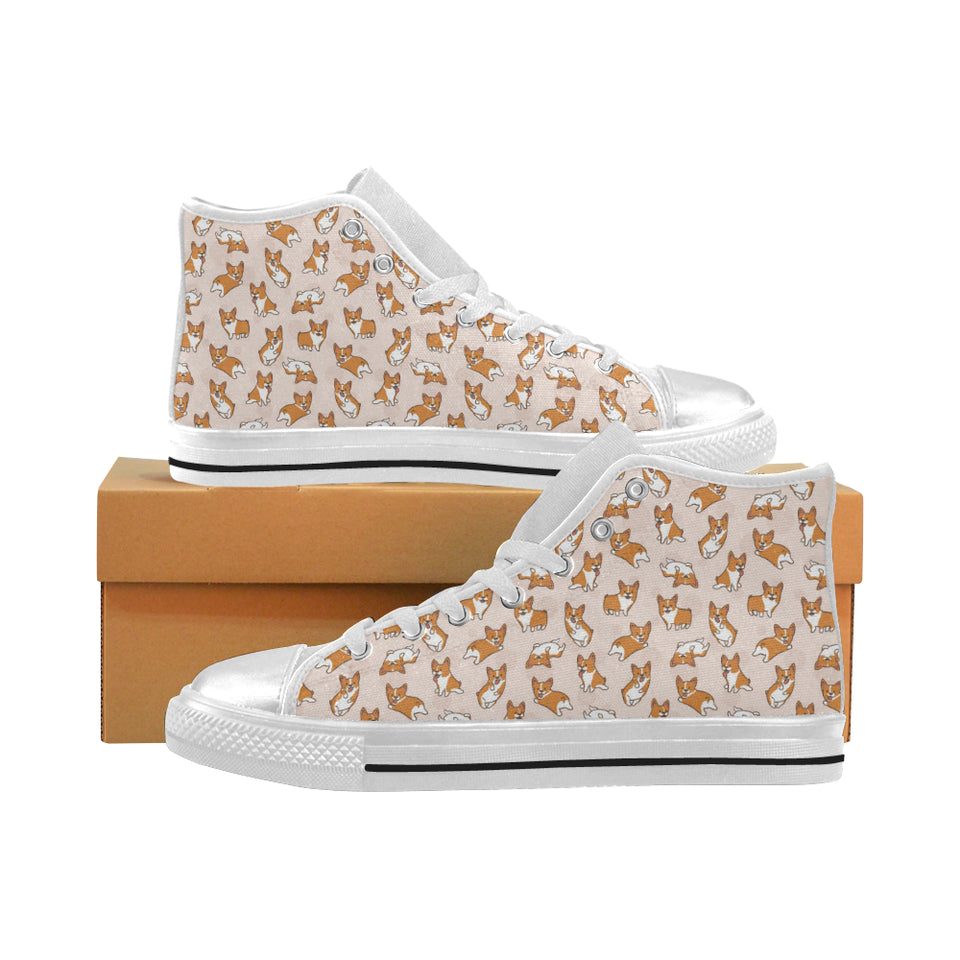 Cute Corgis Pattern pink background Women's High Top Canvas Shoes White
