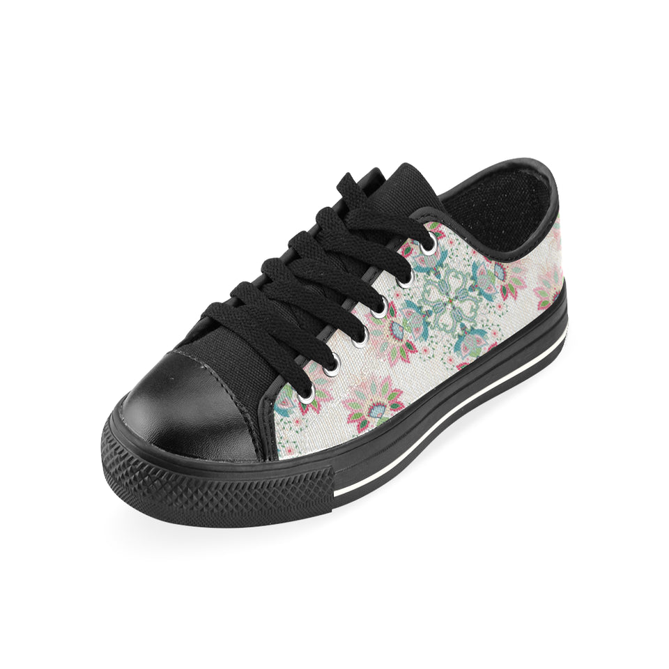 Square floral indian flower pattern Men's Low Top Canvas Shoes Black
