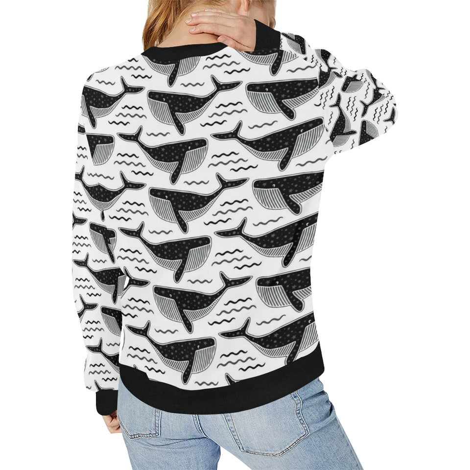 Black whale pattern Women's Crew Neck Sweatshirt