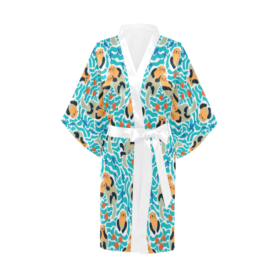 Cute sea otters fishe sea urchin pattern Women's Short Kimono Robe