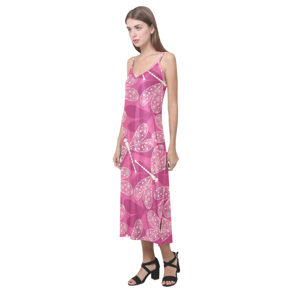 Beautiful dragonfly pink background V-Neck Open Fork Long Dress